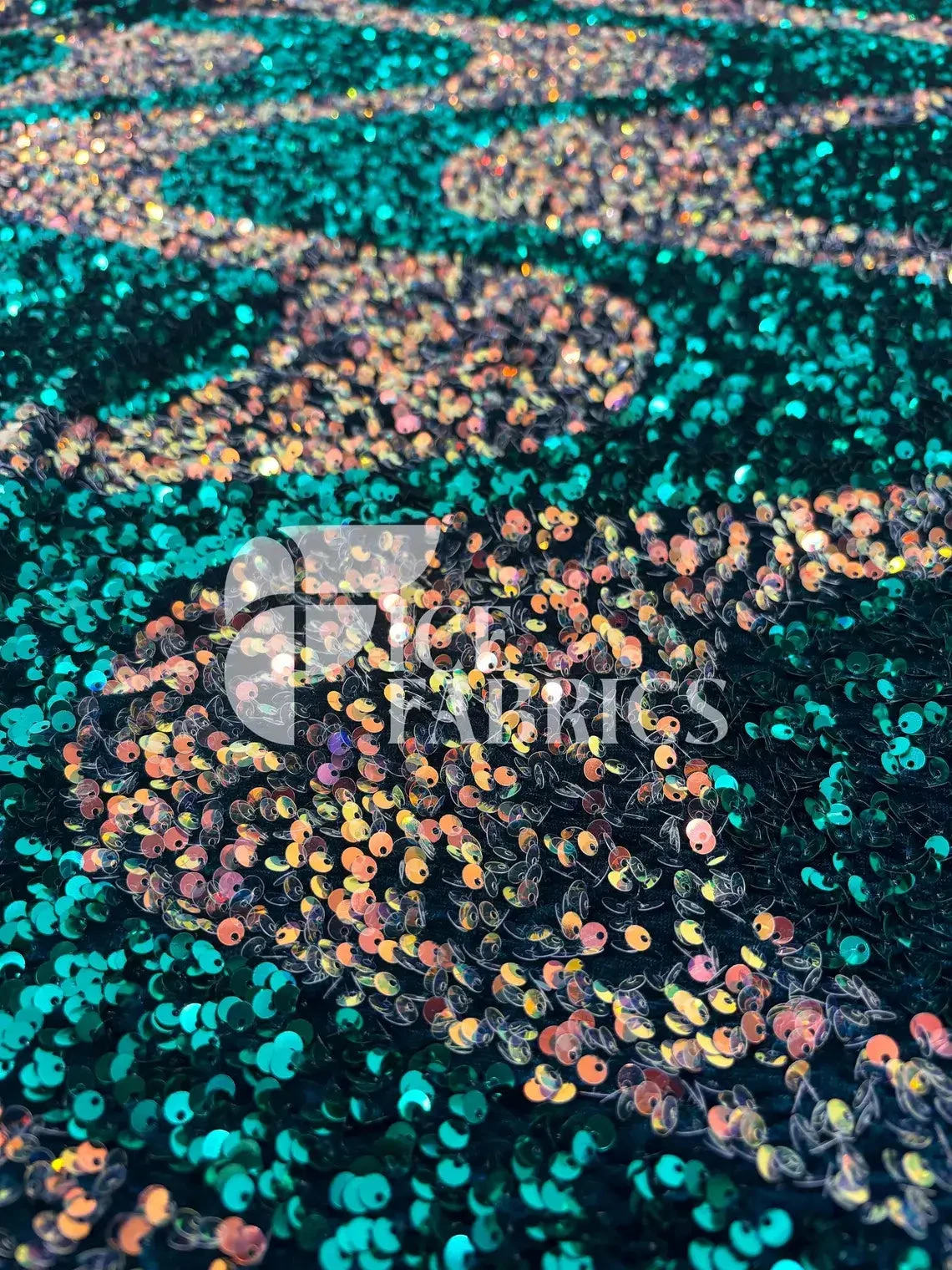 Wavy Hunter Green Iridescent Orange On Green Stretch Velvet Sequin Fabric 11 Wavy Hunter Green Iridescent Orange On Green Stretch Velvet Sequin Fabric - Image 9