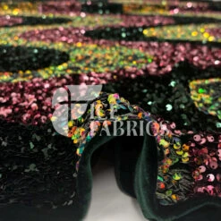 Wavy Stretch Velvet Sequin Fabric -Luxtex Store WavySequinStretchVelvetFabricbyTheYard WideHunterGreenOrangeIridescentonGreenVelvetforApparel Costume Decor3