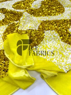 Wavy Stretch Velvet Sequin Fabric -Luxtex Store WavySequinStretchVelvetFabricbyTheYard YellowWhiteonYellowVelvetforApparel Costume Decor1 1