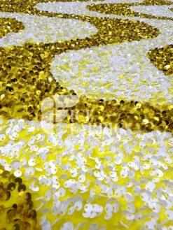 Wavy Yellow White On Yellow Stretch Velvet Sequin Fabric -Luxtex Store WavySequinStretchVelvetFabricbyTheYard YellowWhiteonYellowVelvetforApparel Costume Decor6