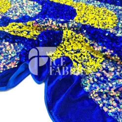 Wavy Yellow Royal On Blue Stretch Velvet Sequin Fabric -Luxtex Store WavySequinStretchVelvetFabricbyTheYard YellowandRoyalonBlueVelvetforApparel Costume Decor1