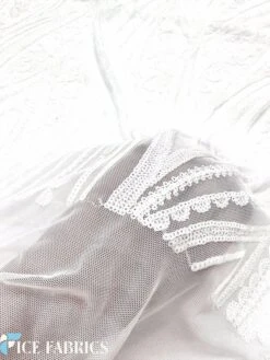 White Stretch Sequin Fabric On Mesh -Luxtex Store WhiteDamaskStretchSequinFabricOnMesh3