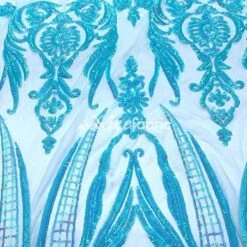 Aqua, Turquoise Geometric Sequin Fabric _ Embroidered 4 Way Stretch Mesh