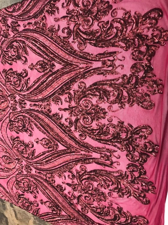 Arabic Designed Burgundy Embroidered 4 Way Stretch Sequin Fabric Sold By The Yard 7 Arabic Designed Burgundy Embroidered 4 Way Stretch Sequin Fabric Sold By The Yard - Image 5