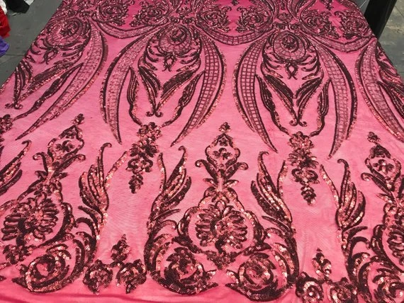 Arabic Designed Burgundy Embroidered 4 Way Stretch Sequin Fabric Sold By The Yard 4 Arabic Designed Burgundy Embroidered 4 Way Stretch Sequin Fabric Sold By The Yard - Image 2