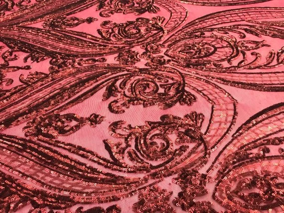 Arabic Designed Burgundy Embroidered 4 Way Stretch Sequin Fabric Sold By The Yard 9 Arabic Designed Burgundy Embroidered 4 Way Stretch Sequin Fabric Sold By The Yard - Image 7
