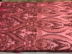 Arabic Designed Burgundy Embroidered 4 Way Stretch Sequin Fabric Sold By The Yard