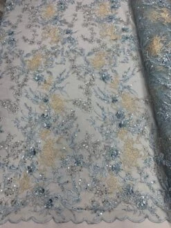 Baby Blue And Ivory Sequin Floral Bridal Fabric/ Beaded Fabric/ 3D Lace Fabric