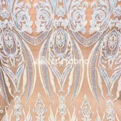 Baby Blue On Nude Geometric Sequin Fabric _ Embroidered 4 Way Stretch Mesh