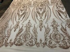 Beige Arabic Design Embroidered 4 Way Stretch Sequin Fabric Sold By The Yard