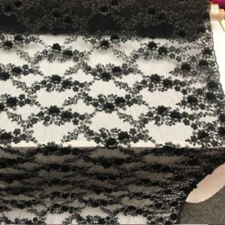 3D Embroidered French Beaded Mesh Lace Fabric -Luxtex Store black 3D Embroidered French Beaded Mesh Lace Fabric1