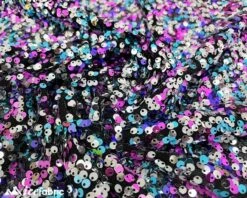 Blue Magenta And Silver 3 Tone 4 Way Stretch Sequin Fabric On Black Mesh Lace