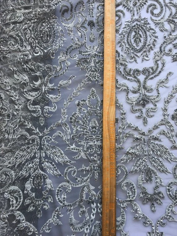 Bridal Wedding Silver Design Beaded Mesh Lace Fabric Sold By Yard 10 Bridal Wedding Silver Design Beaded Mesh Lace Fabric Sold By Yard - Image 8
