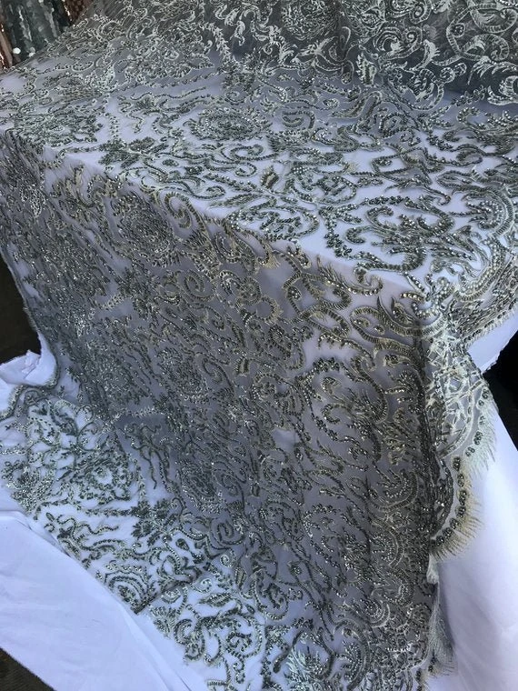 Bridal Wedding Silver Design Beaded Mesh Lace Fabric Sold By Yard 5 Bridal Wedding Silver Design Beaded Mesh Lace Fabric Sold By Yard - Image 3