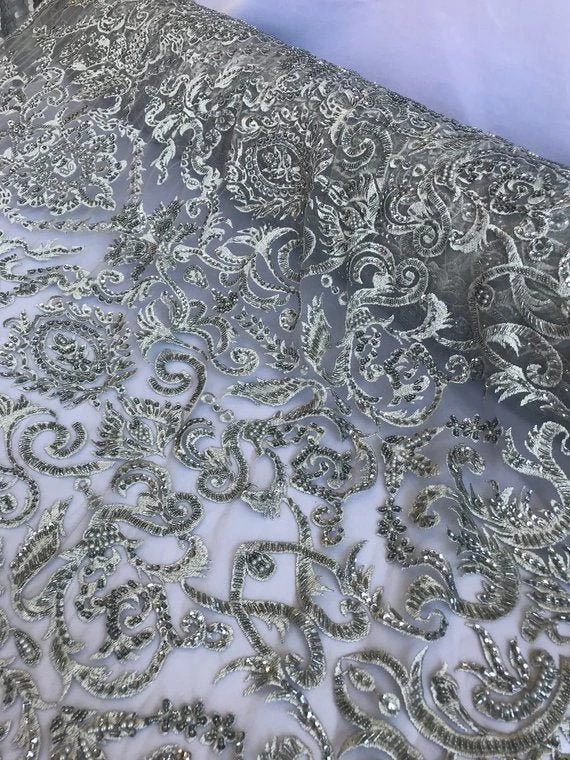 Bridal Wedding Silver Design Beaded Mesh Lace Fabric Sold By Yard 9 Bridal Wedding Silver Design Beaded Mesh Lace Fabric Sold By Yard - Image 7