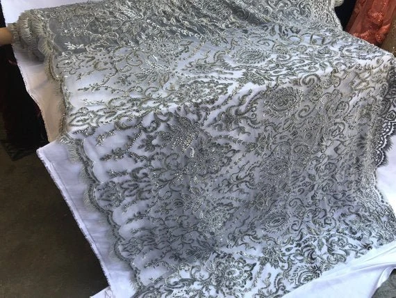 Bridal Wedding Silver Design Beaded Mesh Lace Fabric Sold By Yard 4 Bridal Wedding Silver Design Beaded Mesh Lace Fabric Sold By Yard - Image 2