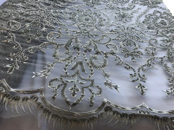 Bridal Wedding Silver Design Beaded Mesh Lace Fabric Sold By Yard 7 Bridal Wedding Silver Design Beaded Mesh Lace Fabric Sold By Yard - Image 5