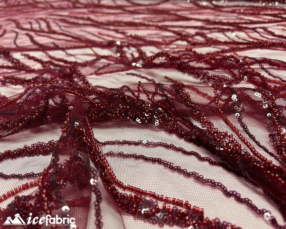 Burgundy Handmade Beaded Fabric / Lace Fabric With Sequin 4 Burgundy Handmade Beaded Fabric / Lace Fabric With Sequin - Image 2