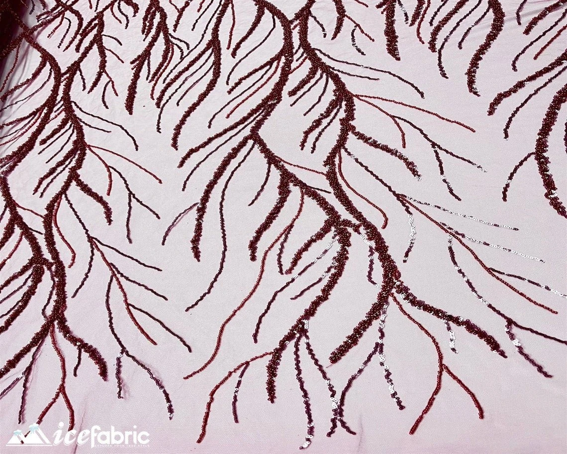 Burgundy Handmade Beaded Fabric / Lace Fabric With Sequin 5 Burgundy Handmade Beaded Fabric / Lace Fabric With Sequin - Image 3