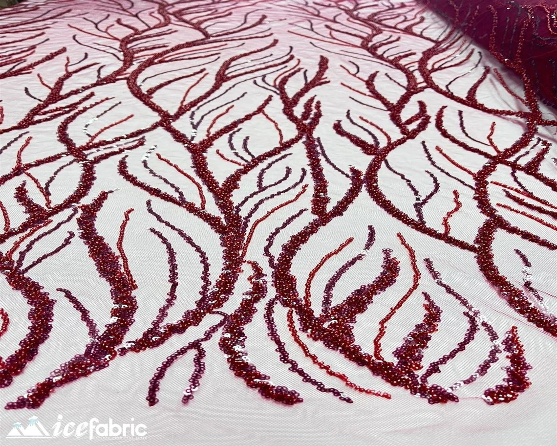 Burgundy Handmade Beaded Fabric / Lace Fabric With Sequin 3 Burgundy Handmade Beaded Fabric / Lace Fabric With Sequin