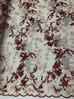 Burgundy Ivory And Silver Sequin Floral Bridal Fabric/ Beaded Fabric/ 3D Lace Fabric