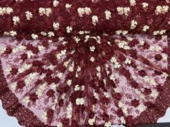 Burgundy Ivory Pearls Lace Beaded Fabric On Tulle For Bridal Fabric