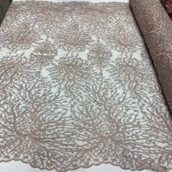 Dusty Rose Tree Floral Embroidery On Mesh Lace Fabric