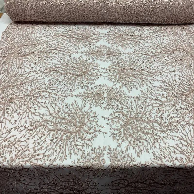 Dusty Rose Tree Floral Embroidery On Mesh Lace Fabric 4 Dusty Rose Tree Floral Embroidery On Mesh Lace Fabric - Image 2