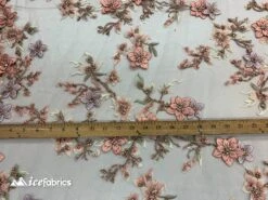 Embroidered Fabric/ 3D Flowers Beaded Fabric/ Lace Fabric/ Dusty Rose -Luxtex Store embroidered fabric 3d flowers beaded fabric lace fabric dusty rose 900074
