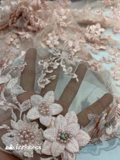 Embroidered Fabric/ 3D Flowers Beaded Fabric/ Lace Fabric/ Pink -Luxtex Store embroidered fabric 3d flowers beaded fabric lace fabric pink 273052
