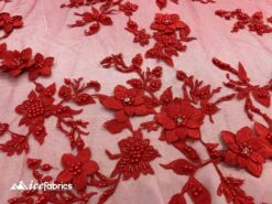 Embroidered Fabric/ 3D Flowers Beaded Fabric/ Lace Fabric/ Red -Luxtex Store embroidered fabric 3d flowers beaded fabric lace fabric red 659226