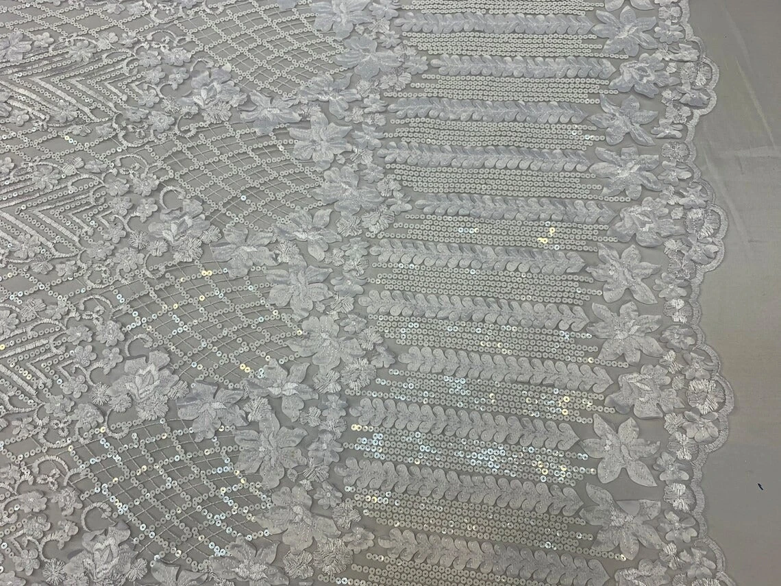 Embroidery White Lace Fabric On Mesh / Floral Design 7 Embroidery White Lace Fabric On Mesh / Floral Design - Image 5