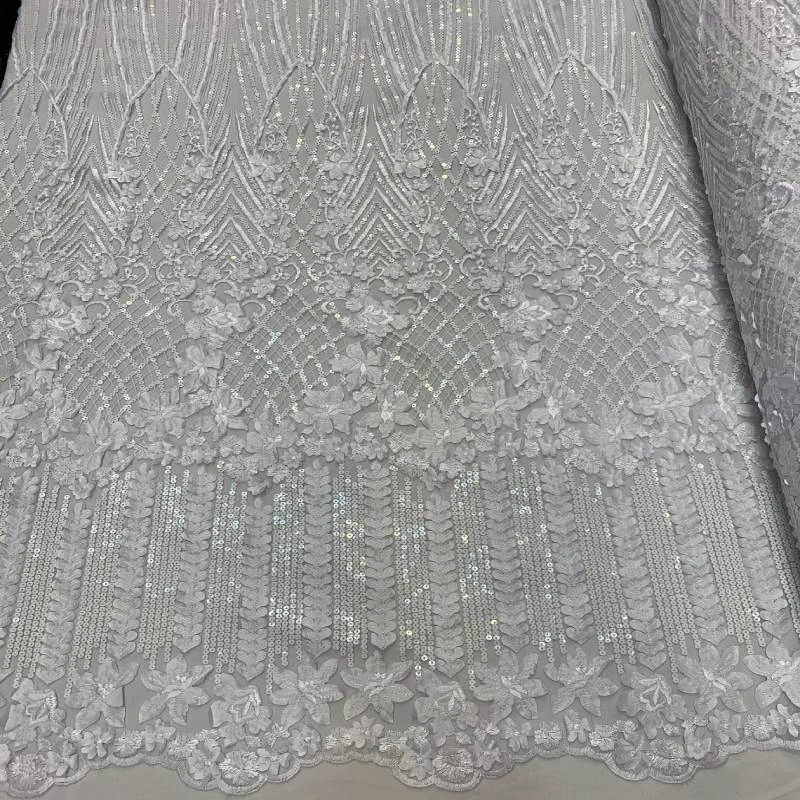 Embroidery White Lace Fabric On Mesh / Floral Design 3 Embroidery White Lace Fabric On Mesh / Floral Design