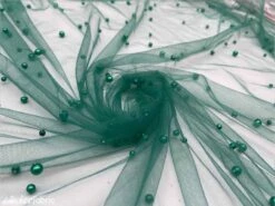 Emerald Green Pearls Lace Beaded Fabric On Tulle For Bridal Fabric
