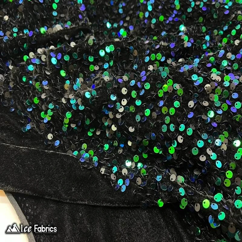 Emma Embroidered Sequin Emerald Green On Black Velvet Fabric 5 Emma Embroidered Sequin Emerald Green On Black Velvet Fabric - Image 3