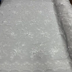 Fashion 3D Flowers Floral Beaded White Lace Fabric