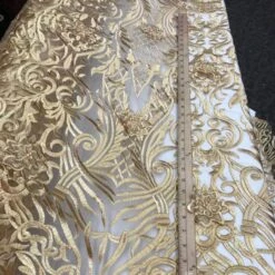 Gold Embroidered Bridal Wedding Designed Beaded Mesh Lace Fabric -Luxtex Store gold embroidered bridal wedding designed beaded mesh lace fabric 428264