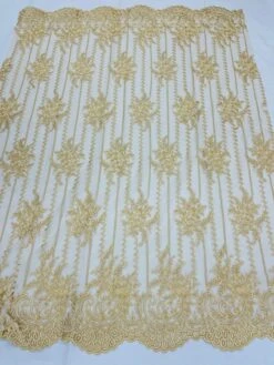 Gold Lace Fabric _ Embroidered Floral Flowers Lace On Mesh Fabric