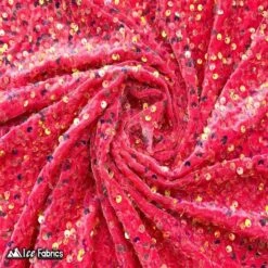 Iridescent Strawberry Pink Emma Stretch Velvet Fabric With Embroidery Sequin