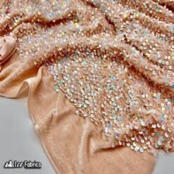 Iridescent White On Nude Emma Stretch Velvet Fabric With Embroidery Sequin -Luxtex Store iridescent white on nude emma stretch velvet fabric with embroidery sequin 278602