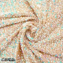 Iridescent White On Nude Emma Stretch Velvet Fabric With Embroidery Sequin