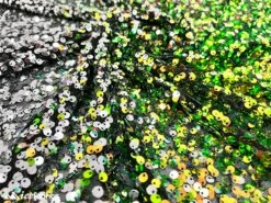 Iridescent Yellow Orange 3 Tone 4 Way Stretch Sequin Fabric On Black Mesh -Luxtex Store iridescent yellow orange 3 tone 4 way stretch sequin fabric on black mesh 114228