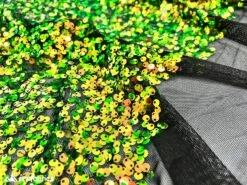 Iridescent Yellow Orange 3 Tone 4 Way Stretch Sequin Fabric On Black Mesh -Luxtex Store iridescent yellow orange 3 tone 4 way stretch sequin fabric on black mesh 256634