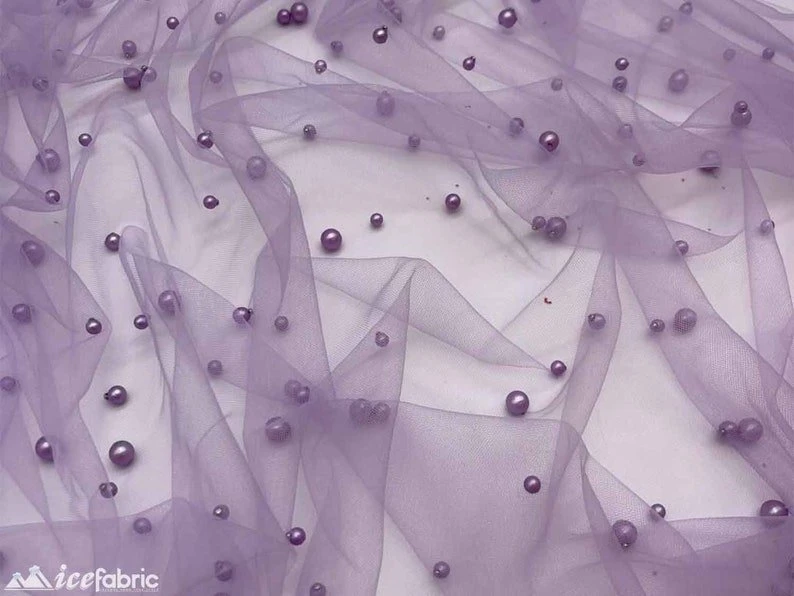 Lavender Pearls Lace Beaded Fabric On Tulle For Bridal Fabric 4 Lavender Pearls Lace Beaded Fabric On Tulle For Bridal Fabric - Image 2