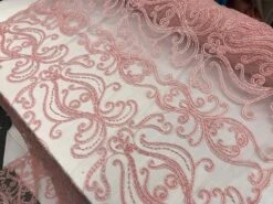 Light Pink Embroidered Bridal Design Beaded Mesh Lace Fabric -Luxtex Store light pink embroidered bridal design beaded mesh lace fabric 150670