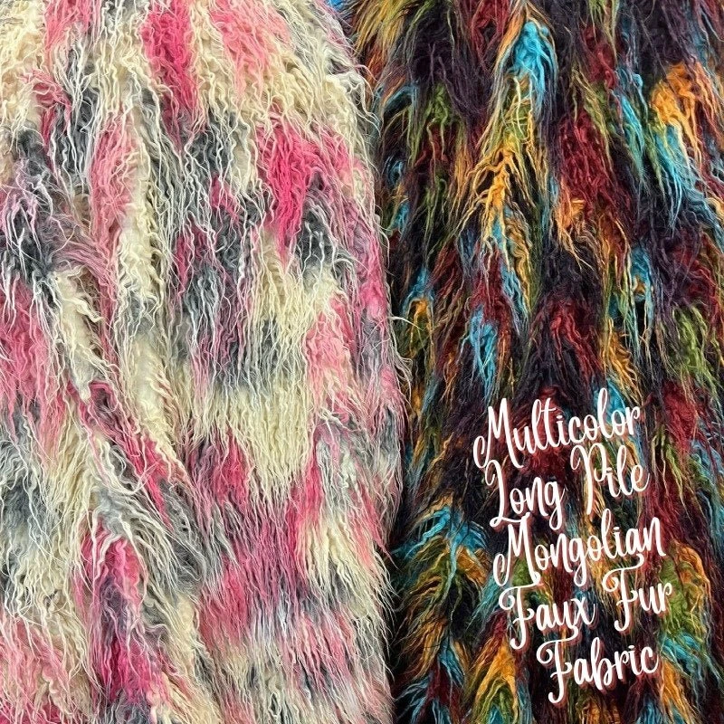 Multicolor Long Pile Mongolian Faux Fur Fabric 3 Multicolor Long Pile Mongolian Faux Fur Fabric
