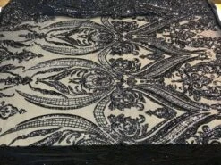 Navy Blue Arabic Design Embroidered 4 Way Stretch Sequin Fabric Sold By The Yard