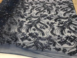 Navy Blue New Embroidery Design Stretch Sequin 4 Way Mesh Lace Fabric Sold By The Yard -Luxtex Store navy blue new embroidery design stretch sequin 4 way mesh lace fabric sold by the yard 164980