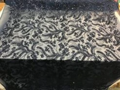 Navy Blue New Embroidery Design Stretch Sequin 4 Way Mesh Lace Fabric Sold By The Yard