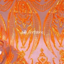 Neon Orange Geometric Sequin Fabric _ Embroidered 4 Way Stretch Mesh -Luxtex Store neon orange geometric sequin fabric embroidered 4 way stretch mesh 897865